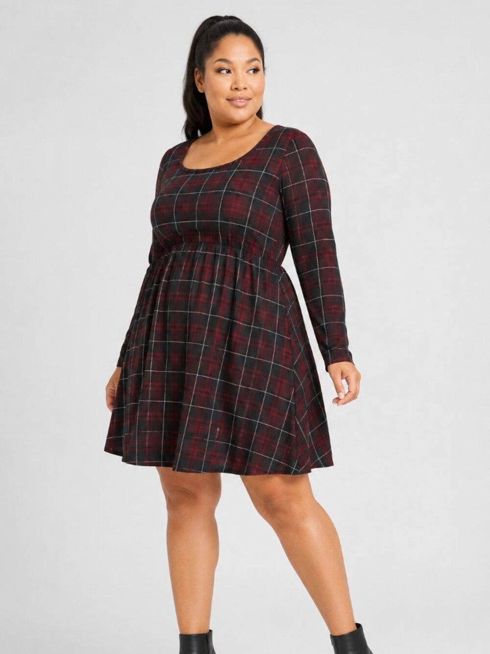 NWT Torrid Plaid Skater Dress Size 0 12 Red Black Lattice Back Long Sleeve
